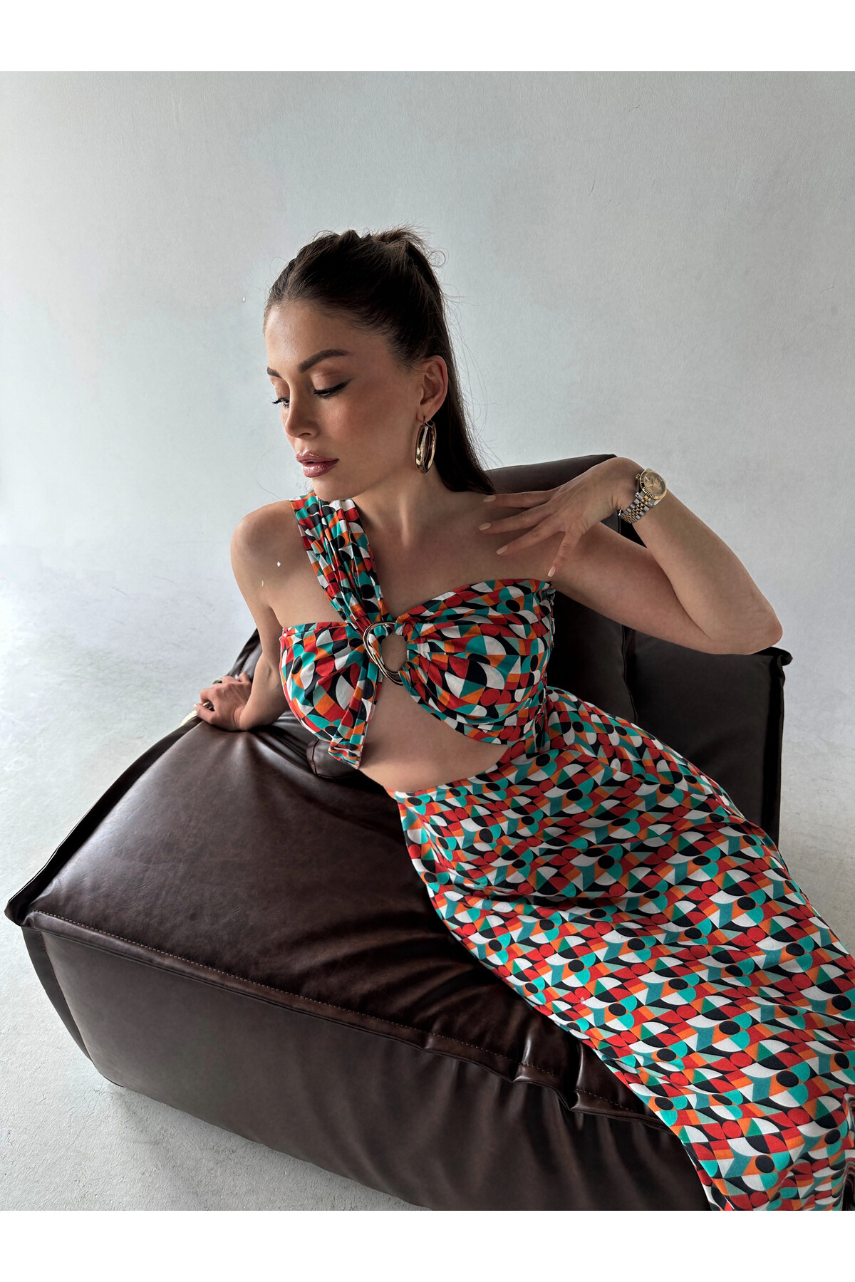 Kadın Tokalı Tek Omuz Detaylı Desenli Elbise Renkli