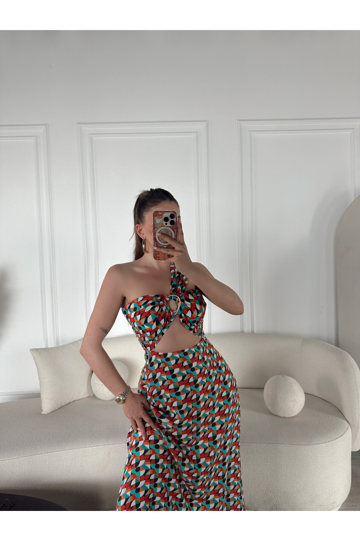 Kadın Tokalı Tek Omuz Detaylı Desenli Elbise Renkli