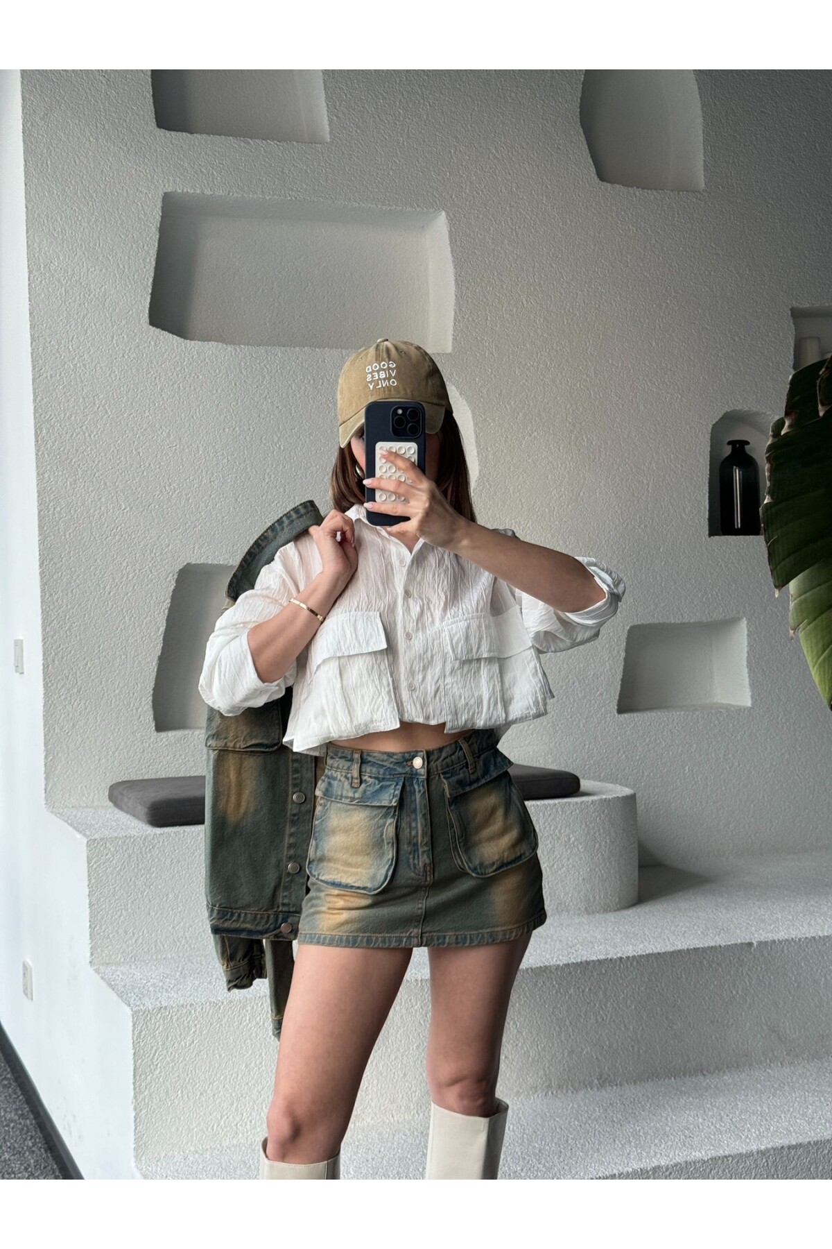 Kadın Vintage Eskitme Denim Kargo Cepli Mini Etek