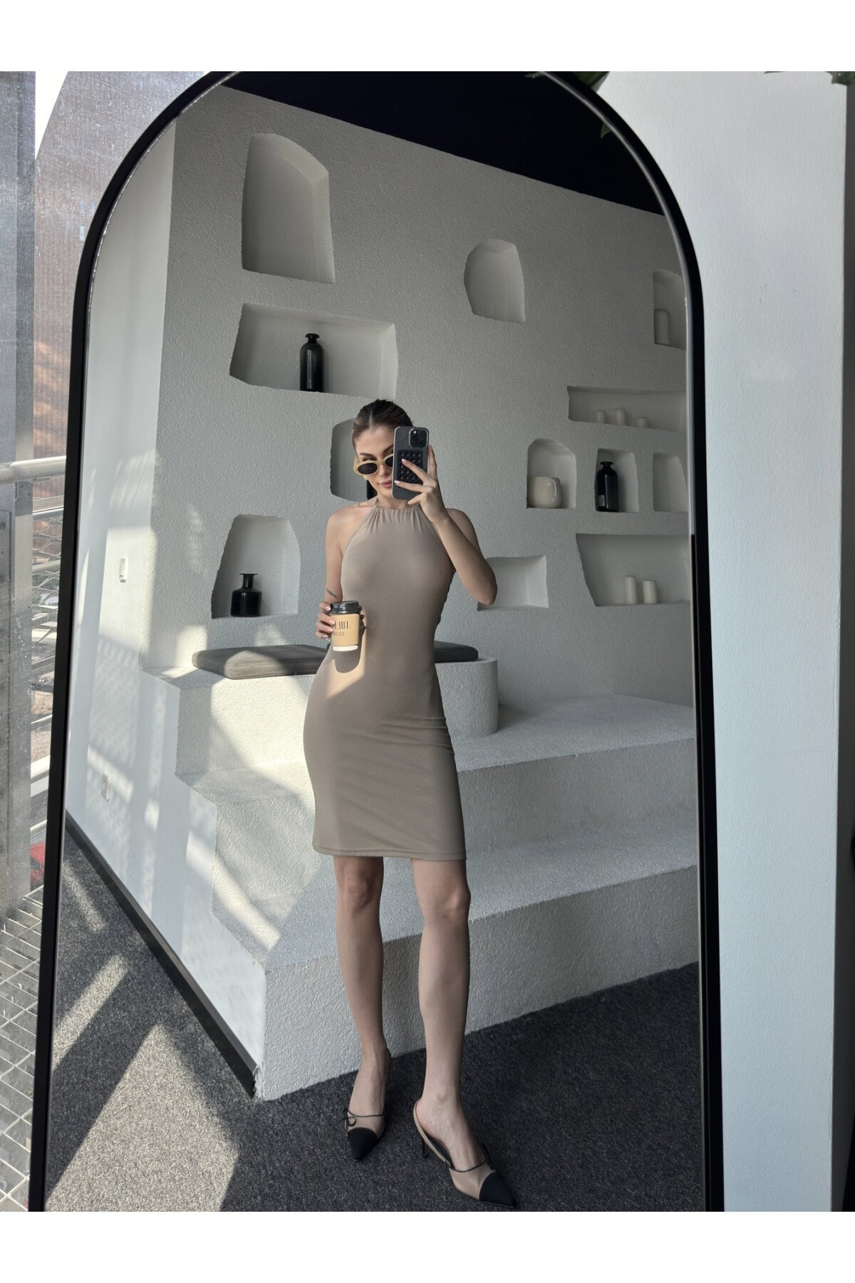 Kadın Vizon Renk Midi Boy Boyundan Bağlamalı Slim Fit Örme Elbise