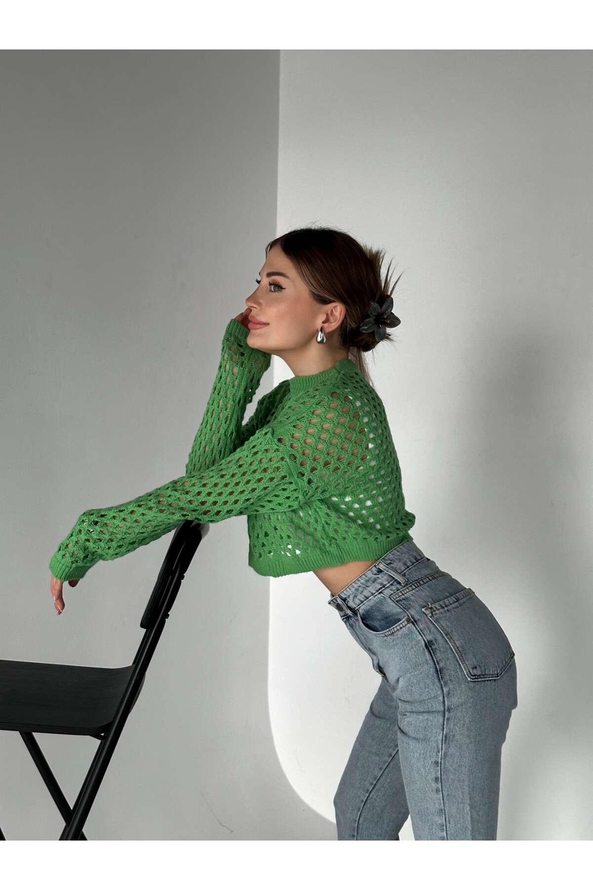 Kadın Yeşil Bisiklet Yaka Ajurlu Triko Crop Bluz