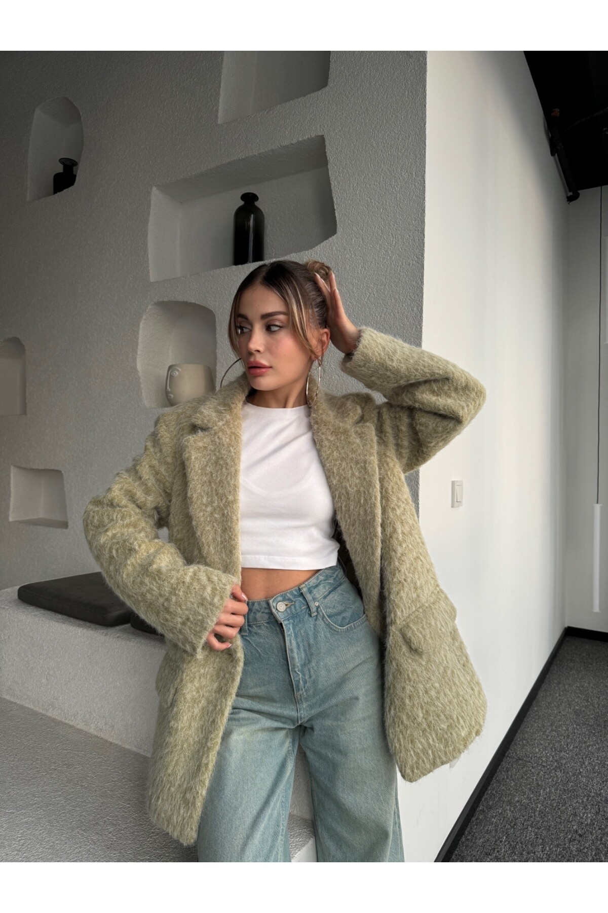 Kadın Yeşil Oversize Kesim Düğmeli Blazer Ceket