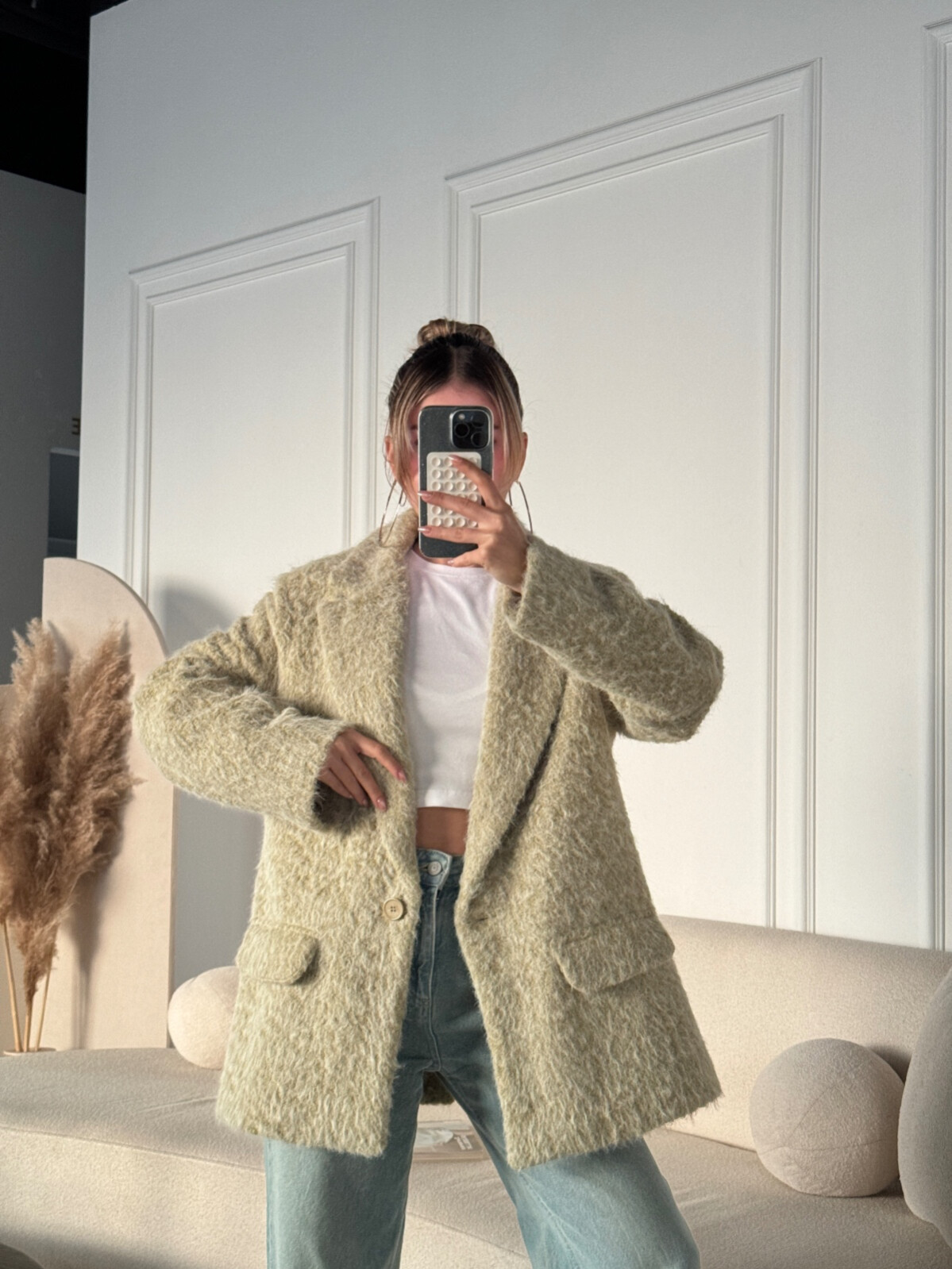 Kadın Yeşil Oversize Kesim Düğmeli Blazer Ceket