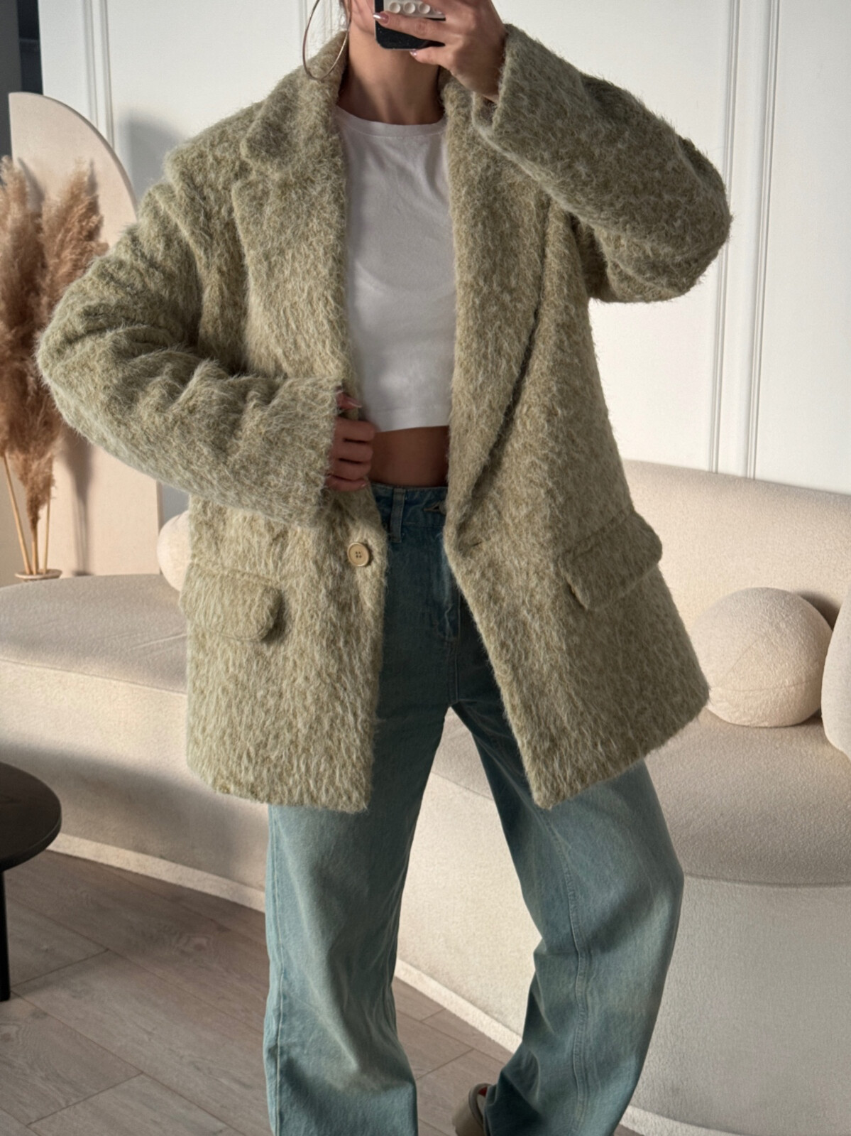 Kadın Yeşil Oversize Kesim Düğmeli Blazer Ceket