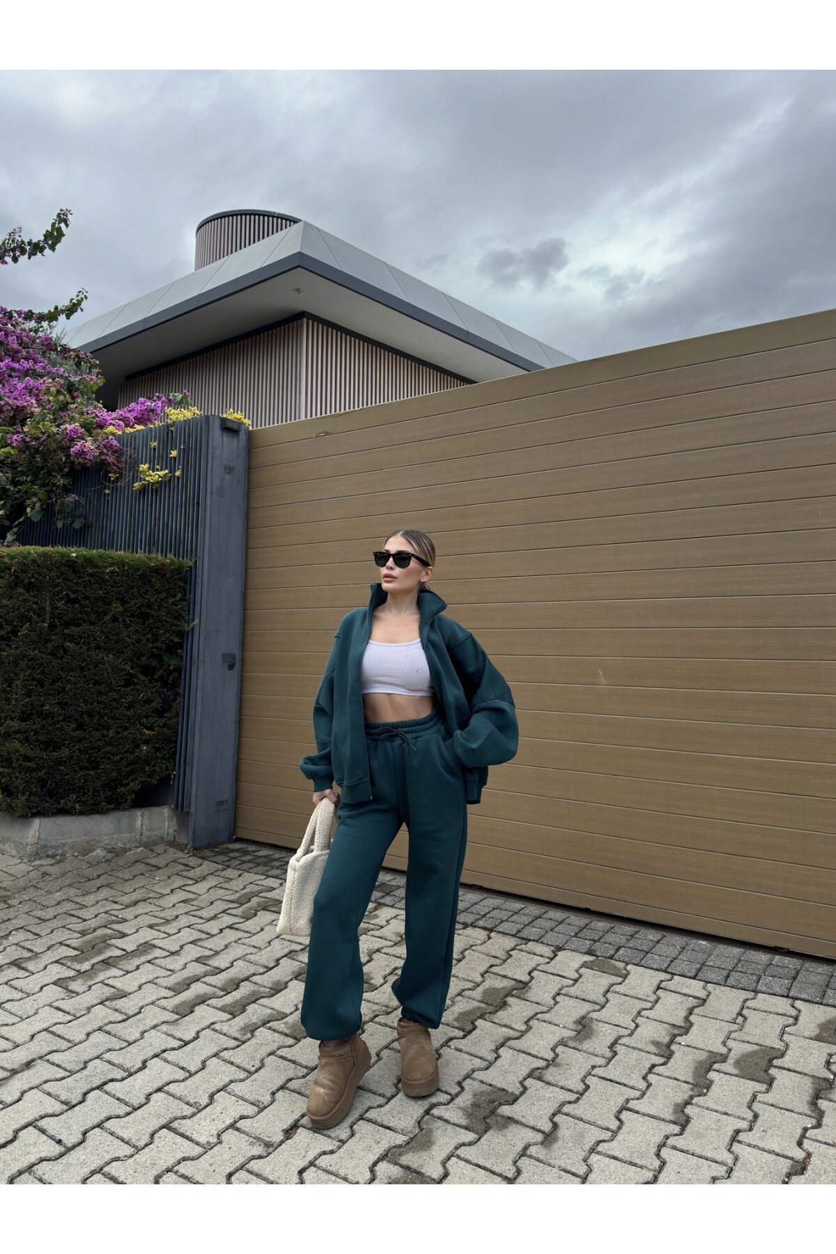 Kadın Yeşil Polarlı Şardonlu İkili Premium Eşofman Takımı