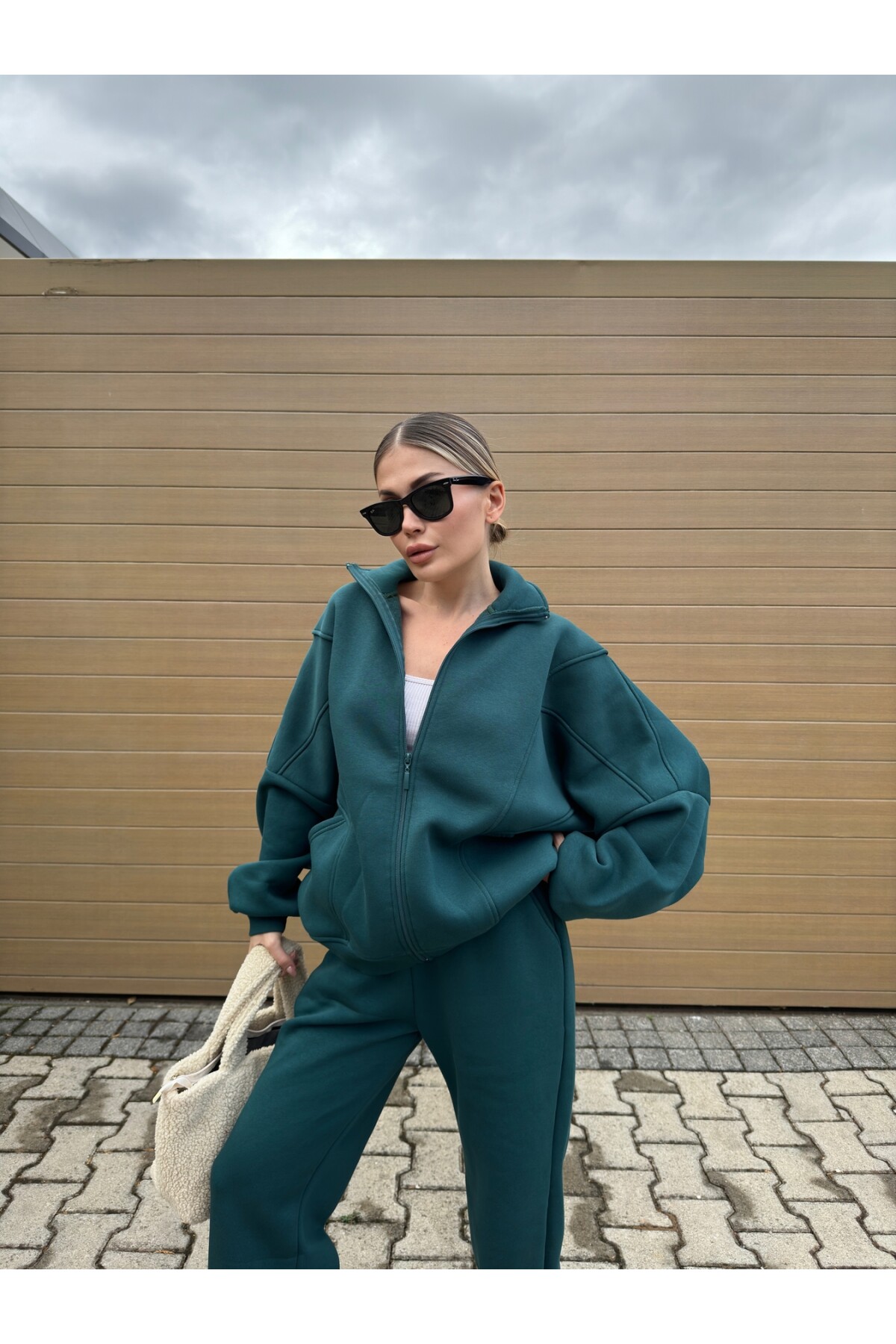 Kadın Yeşil Polarlı Şardonlu İkili Premium Eşofman Takımı