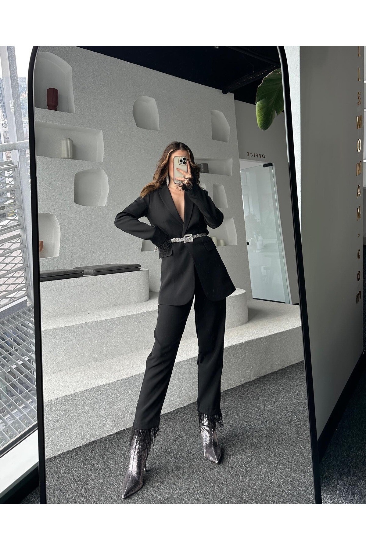 Kadın  Yüksek Bel Astarlı Püskül Detay Blazer Ceket Takım Siyah