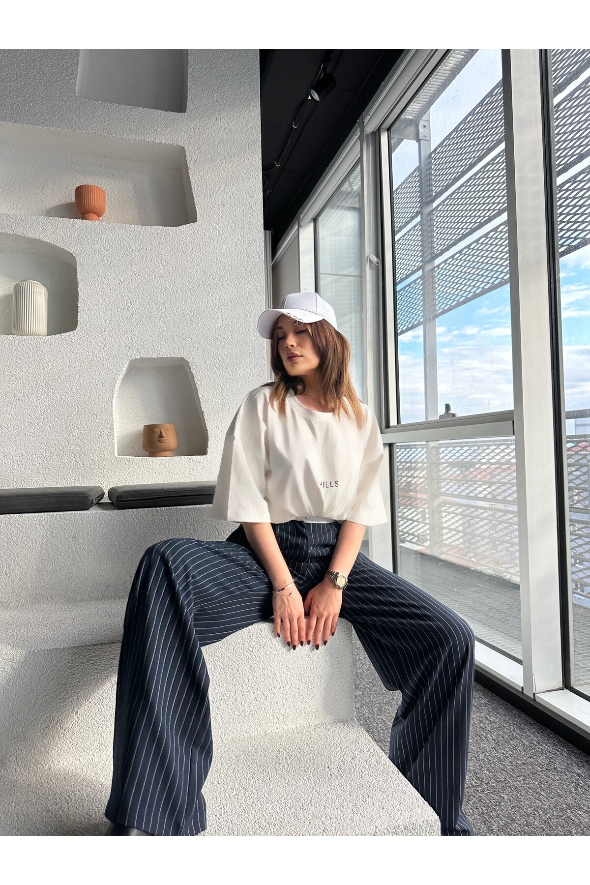 Kadın Yüksek Bel Şeritli Çizgili Palazzo Pantolon  Lacivert