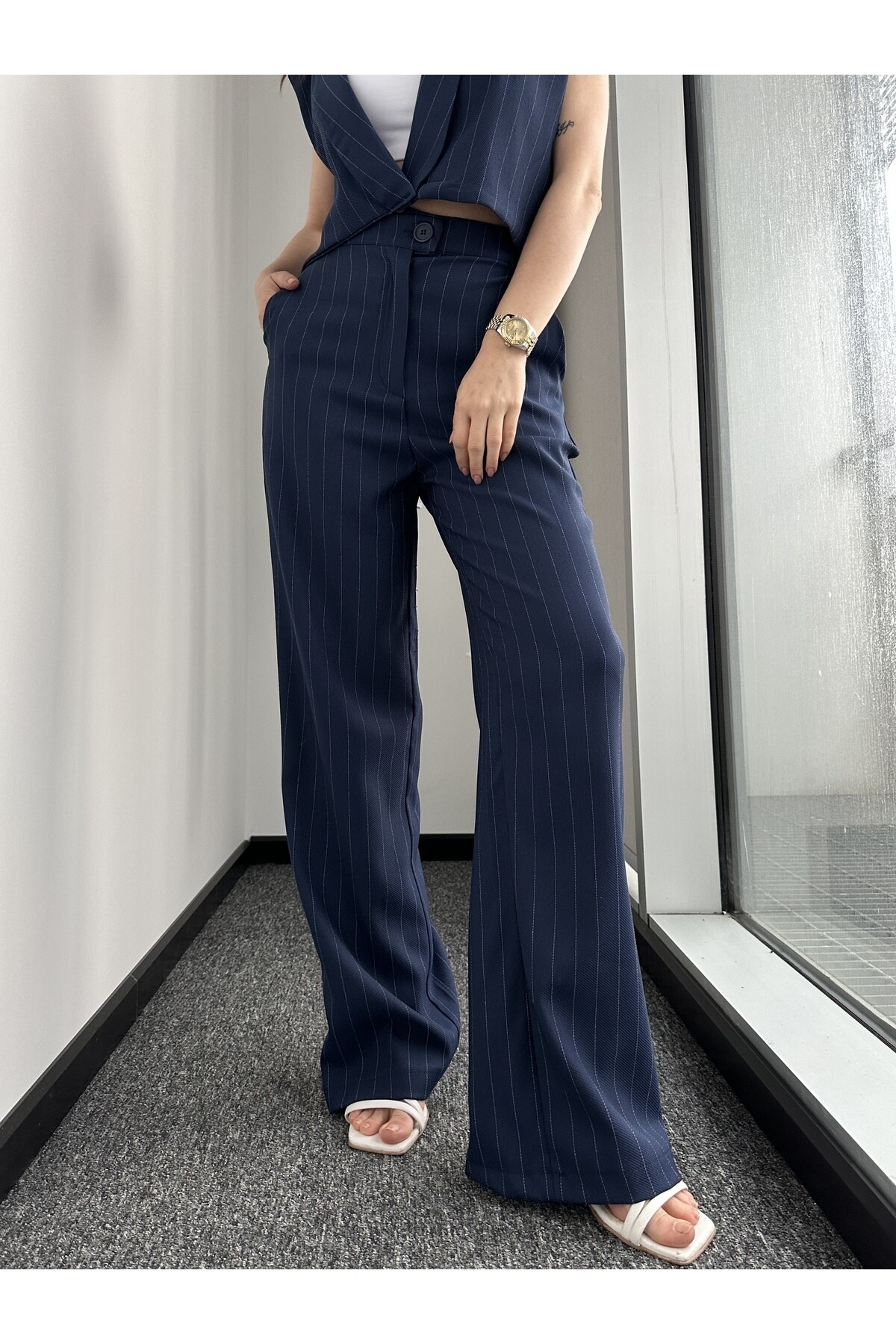 Lacivert Çizgili Kruvaze Ceket Pantolon Takım