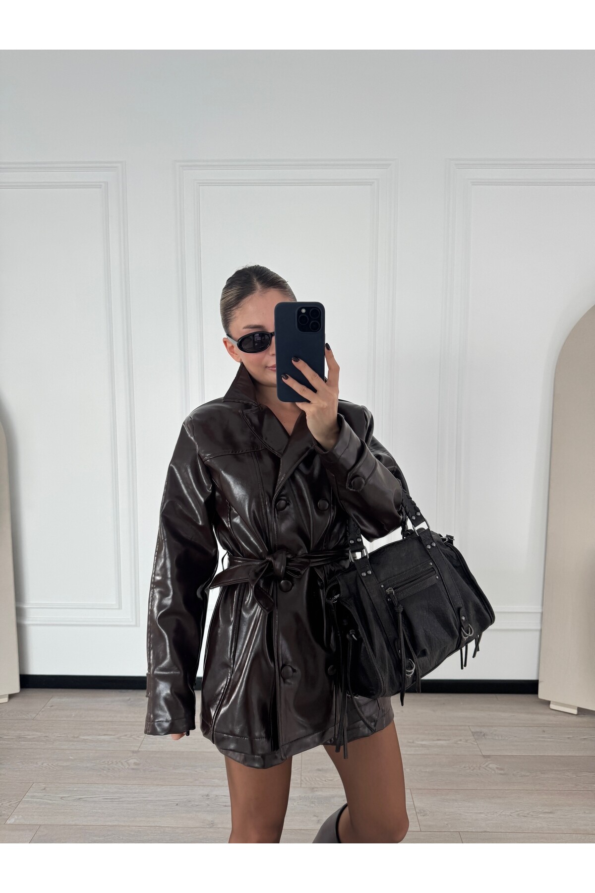 Parlak Acı Kahve Deri Ceket Etek Takım