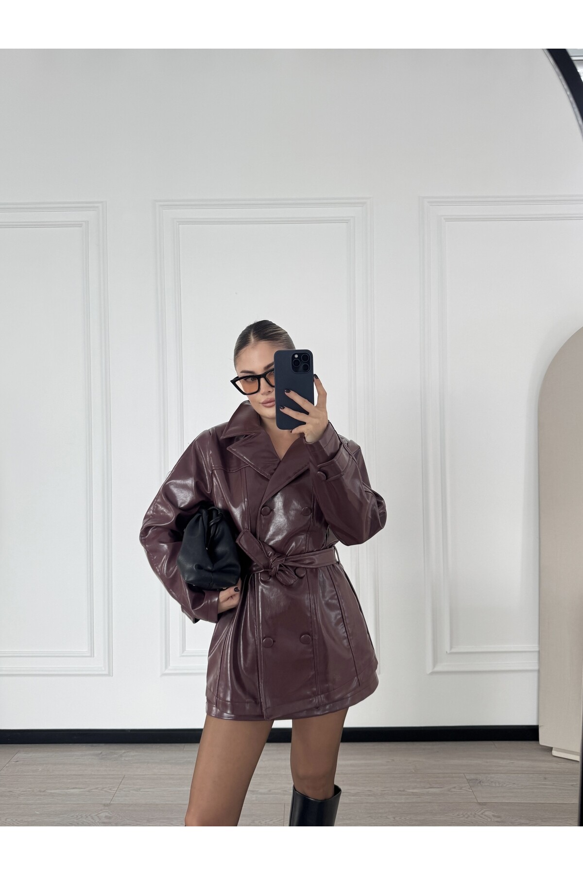 Parlak Haki Deri Ceket Etek Takım