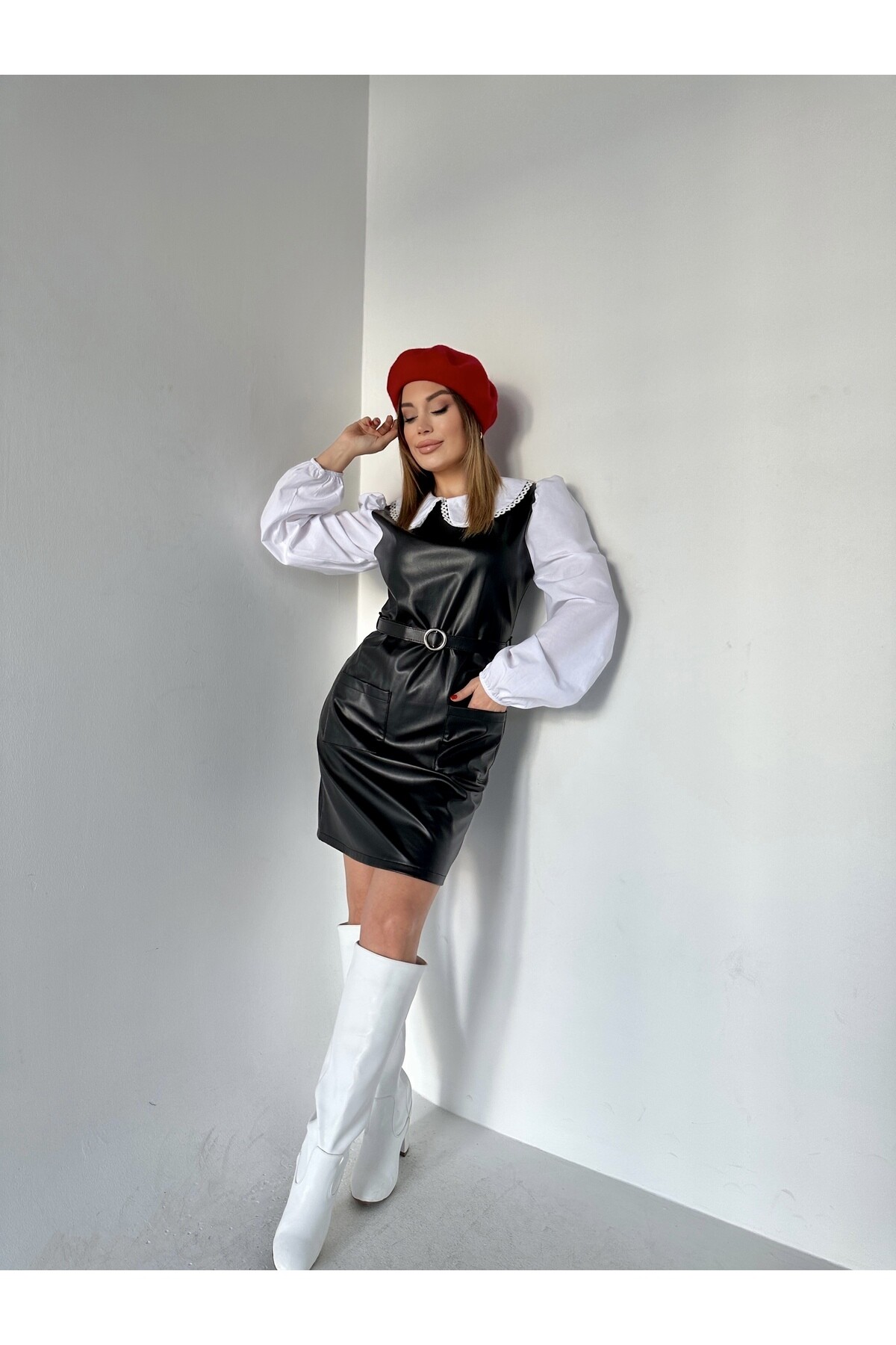 Vintage Yaka Kemerli Deri Elbise  Siyah