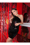 Hills Party Collection Siyah Payetli Tek Omuz Astarlı Elbise  Siyah
