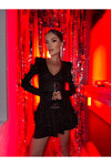 Hills Party Collection Siyah V Yaka Vatkalı Simli Mini Elbise  Siyah