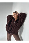 Kadın Kahverengi Yarasa Kol Overize Teddy Peluş Kapüşonlu Sweat Açık Kahve