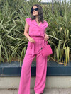 Kadın Keten Blazer Yelek Tulum Pembe