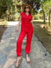Kadın Kırmızı İpek Saten Kumaş Gömlek Alt-Üst Takım