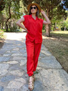 Kadın Kırmızı İpek Saten Kumaş Gömlek Alt-Üst Takım
