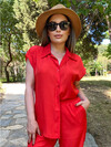 Kadın Kırmızı İpek Saten Kumaş Gömlek Alt-Üst Takım