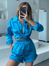Kadın Mavi Saten Yüksek Bel Lastikli Şort Gömlek Takım 