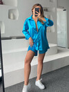 Kadın Mavi Saten Yüksek Bel Lastikli Şort Gömlek Takım 