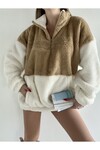 Kadın Oversize Fermuar Yaka Teddy Peluş Sweat Camel