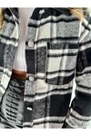 Kadın Taş Detaylı Oversize Ekose Desen Gömlek Ceket  Siyah Beyaz