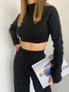Kadın Yüksek Bel Lastikli Crop Parmak Geçmeli Triko Takım Siyah