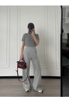 Açık Gri Poliviskon Kumaş Pileli Palazzo Kesim Pantolon