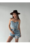 Kadın Açık Mavi Denim Straplez Bluz
