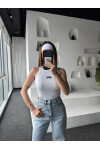 Kadın Beyaz Vücuda Oturan Muadil Baskılı Halter Yaka Fitilli Atlet Bluz