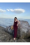 Kadın bordo sırt bağlamalı triko örgü elbise