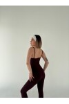 Kadın Bordo Yoga Pilates Spor Askılı Bilek Geçmeli Tulum