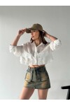 Kadın Ekru Büyük Cepli Yeni Sezon Crop Gömlek