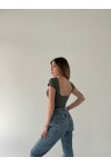 Kadın Yeşil sırt dekolteli crop bluz