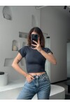 Kadın Indigo sırt dekolteli crop bluz