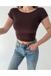 Kadın Kahve sırt dekolteli crop bluz