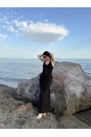 Kadın kahverengi sırt bağlamalı triko örgü elbise