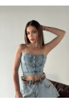 Kadın Kar Yıkamalı Straplez Düğmeli Denim Top-Mavi