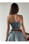 Kadın Kar Yıkamalı Straplez Düğmeli Denim Top-Mavi