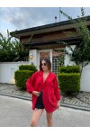 Kadın Kırmızı Renk tek cepli %100 keten oversize gömlek