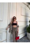 Kadın Leopar Palazzo Pantolon Gömlek Takım