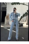 Kadın Marka Model Taş Detaylı Crop Jean Ceket
