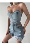 Kadın Mavi High Waist Yıkamalı Saçaklı Paça Denim Şort