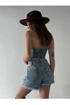 Kadın Mavi High Waist Yıkamalı Saçaklı Paça Denim Şort
