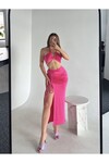 Kadın Pembe Pareo Büzgülü Etek Crop Top İkili Takım