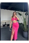 Kadın Pembe Pareo Büzgülü Etek Crop Top İkili Takım