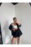 Kadın Siyah Keten Gömlek Şort İkili Takım