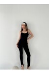 Kadın Siyah Yoga Pilates Spor Askılı Bilek Geçmeli Tulum