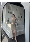 Kadın Vizon Renk Midi Boy Boyundan Bağlamalı Slim Fit Örme Elbise